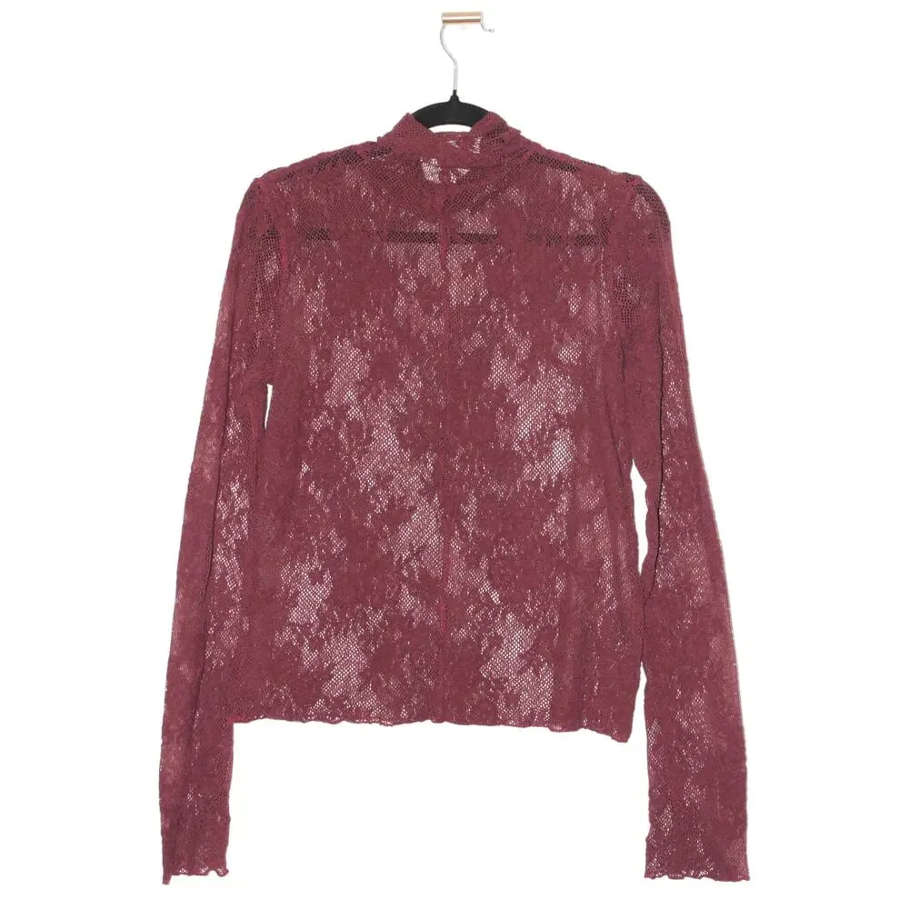 Free People Long Sleeve Dark Red Lace Layering Top Size Large
